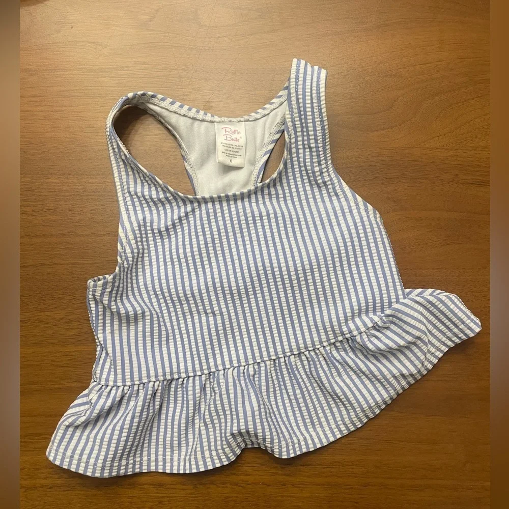 Rufflebutts Periwinkle Blue Seersucker Peplum Tankini top size 6